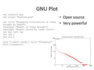 GNU Plot
set terminal png
set output "buyfreq.png"
set title "Frequency Distribution of Items
brought by Buyer";
setylabel "Number of Items Brought";
setxlabel "Buyers Sorted by Items count";
set key left top
set log y
set log x
plot "1.data" using 2 title "Frequency"
with linespoints
• Open source
• Very powerful
 