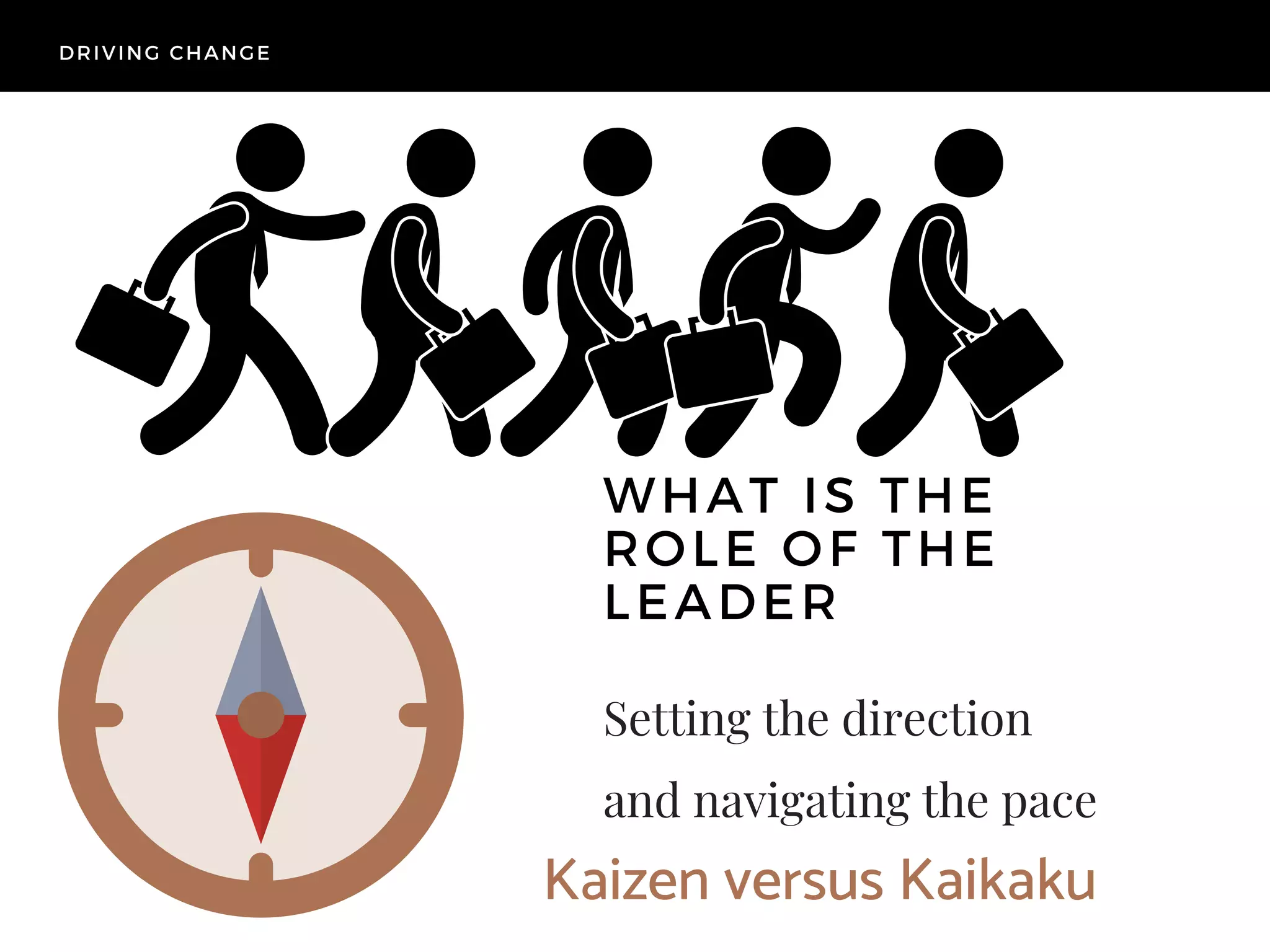 Setting the direction
and navigating the pace
WHAT IS THE
ROLE OF THE
LEADER
DRIVING CHANGE
Kaizen versus Kaikaku
 