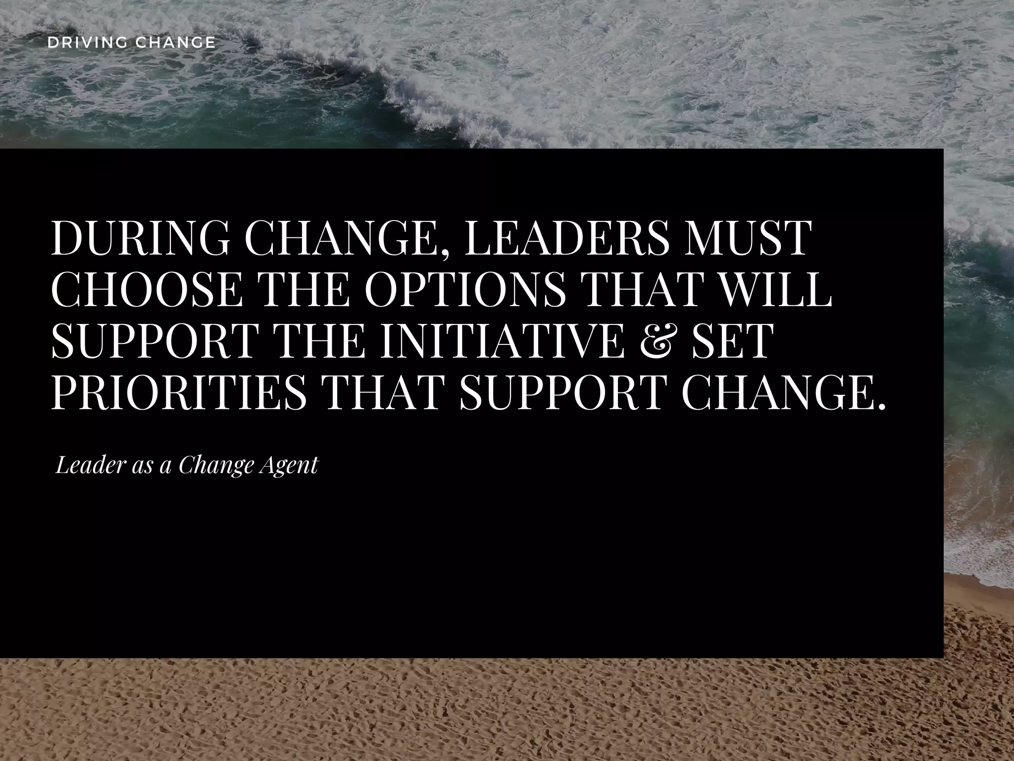 DURING CHANGE, LEADERS MUST
CHOOSE THE OPTIONS THAT WILL
SUPPORT THE INITIATIVE & SET
PRIORITIES THAT SUPPORT CHANGE.
Leader as a Change Agent
DRIVING CHANGE
 