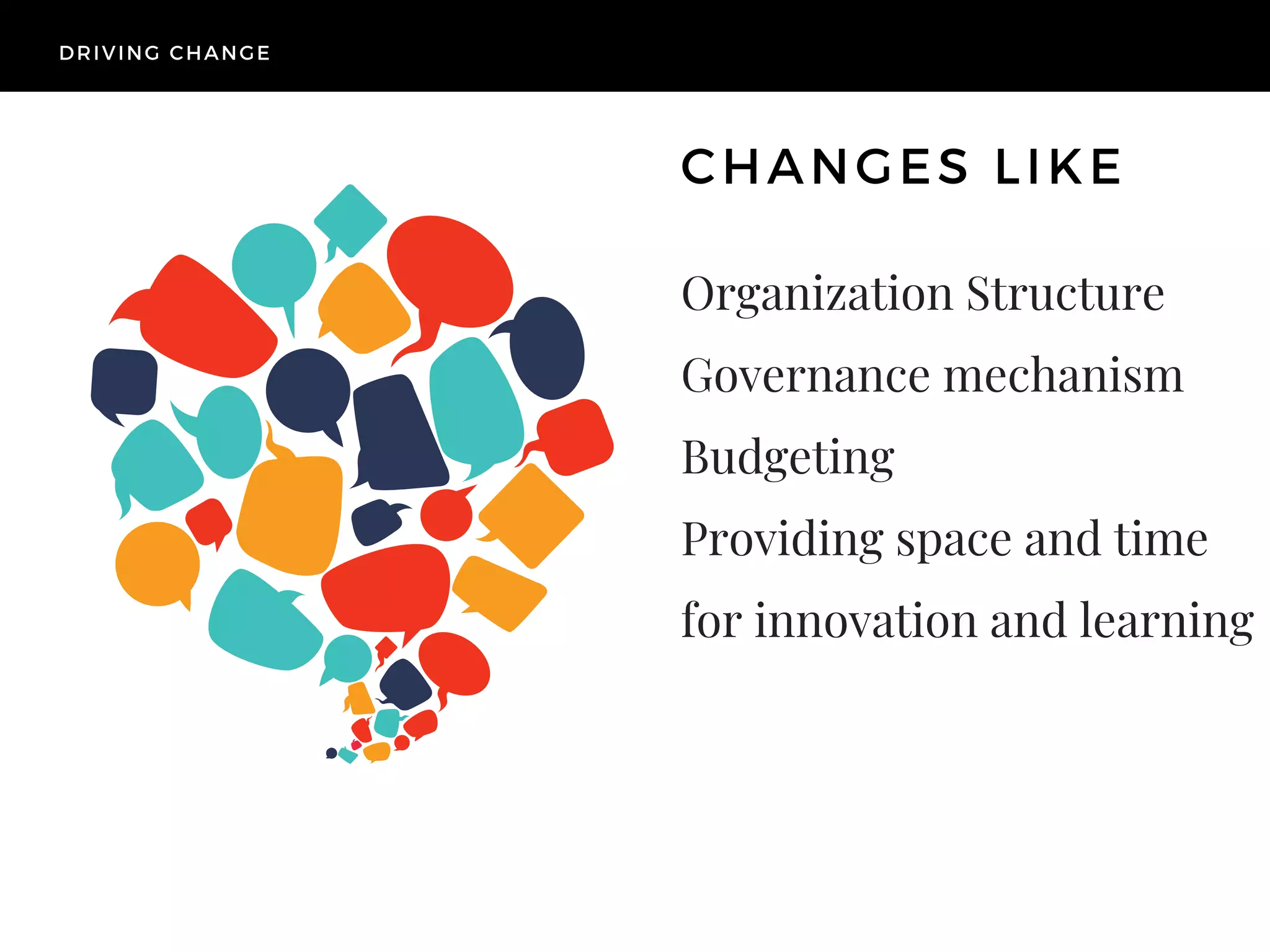 Organization Structure
Governance mechanism
Budgeting
Providing space and time
for innovation and learning
CHANGES LIKE
DRIVING CHANGE
 
