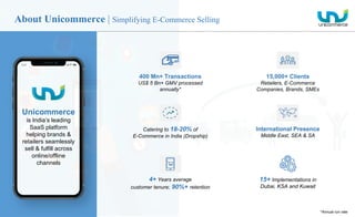 Unicommerce
is India’s leading
SaaS platform
helping brands &
retailers seamlessly
sell & fulfill across
online/offline
channels
400 Mn+ Transactions
US$ 5 Bn+ GMV processed
annually*
15,000+ Clients
Retailers, E-Commerce
Companies, Brands, SMEs
4+ Years average
customer tenure; 90%+ retention
Catering to 18-20% of
E-Commerce in India (Dropship)
International Presence
Middle East, SEA & SA
About Unicommerce | Simplifying E-Commerce Selling
*Annual run rate
15+ Implementations in
Dubai, KSA and Kuwait
 