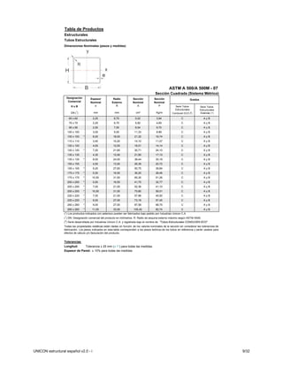 Tabla de Productos
                  Estructurales
                  Tubos Estructurales
                  Dimensiones Nominales (pesos y medidas)




                                                                                                         ASTM A 500/A 500M - 07
                                                                                             Sección Cuadrada (Sistema Métrico)
                   Designación         Espesor            Radio            Sección          Sección                        Grados
                    Comercial          Nominal           Externo           Nominal          Nominal
                       HxB                e                 R                 A                P              Serie Tubos           Serie Tubos
                                                                                                              Estructurales         Estructurales
                       DN (1)             mm                mm               cm²              Kg/m          Conduven ECO ( )
                                                                                                                            2
                                                                                                                                    Estándar (*)

                     60 x 60             2,25              6,75              5,02             3,94                 C                   AyB
                     70 x 70             2,25              6,75              5,92             4,65                 C                   AyB
                     90 x 90             2,50              7,50              8,54             6,70                 C                   AyB
                    100 x 100            3,00              9,00             11,33             8,89                 C                   AyB
                    100 x 100    *       6,00             18,00             21,32             16,74                C                   AyB
                    110 x 110            3,40             10,20             14,10             11,07                C                   AyB
                    120 x 120            4,00             12,00             18,01             14,14                C                   AyB
                    120 x 120    *       7,20             21,60             30,71             24,10                C                   AyB
                    135 x 135            4,30             12,90             21,85             17,15                C                   AyB
                    135 x 135    *       8,00             24,00             38,44             30,18                C                   AyB
                    155 x 155            4,50             13,50             26,39             20,72                C                   AyB
                    155 x 155    *       9,20             27,60             50,75             39,84                C                   AyB
                    175 x 175    *       5,50             16,50             36,25             28,46                C                   AyB
                    175 x 175    *       10,50            31,50             65,30             51,26                C                   AyB
                    200 x 200    *       5,50             16,50             41,75             32,77                C                   AyB
                    200 x 200    *       7,00             21,00             52,36             41,10                C                   AyB
                    200 x 200    *       10,50            31,50             75,80             59,51                C                   AyB
                    220 x 220    *       7,00             21,00             57,96             45,50                C                   AyB
                    220 x 220    *       9,00             27,00             73,18             57,45                C                   AyB
                    260 x 260    *       9,00             27,00             87,58             68,75                C                   AyB
                    260 x 260    *       11,00            33,00             105,40            82,74                C                   AyB
                  (*) Los productos indicados con asterisco pueden ser fabricados bajo pedido por Industrias Unicon C.A.
                  (1) DN: Designación comercial del producto en milímetros. R: Radio de esquina externo máximo según ASTM A500.
                  (2) Serie desarrollada por Industrias Unicon C.A. y registrada bajo el nombre de "Tubos Estructurales CONDUVEN ECO"
                  Todas las propiedades estáticas están dadas en función de los valores nominales de la sección sin considerar las tolerancias de
                  fabricación. Los pesos indicados en esta tabla corresponden a los pesos teóricos de los tubos en referencia y serán usados para
                  efectos de cálculo y/o facturación del producto.


                  Tolerancias
                  Longitud:     Tolerancia ± 25 mm (± 1”) para todas las medidas.
                  Espesor de Pared: ± 10% para todas las medidas




UNICON estructural español v2.0 - i                                                                                                                 9/32
 