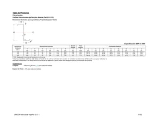 Tabla de Productos
Estructurales
Perfiles Estructurales de Sección Abierta (Perfil ECO Z)
Dimensiones Nominales (pesos y medidas) y Propiedades para el Diseño




                                                                                                                                                                                              Especificación SNP-13-2985
                                                                                                    Sección       Peso
   Designación                                 Dimensiones nominales                                                                                                  Propiedades Estáticas
                                                                                                    nominal      nominal
    Comercial
          1
                        H            B             A            e             r           R            A             P           Ix           Iy           Sx           Zx           Sy        Zy         rx        ry
      DN ( )
                       mm           mm            mm          mm            mm           mm           cm2          kg/m         cm4           cm4          cm3          cm3          cm3       cm3       cm        cm
       150             150          50            20          2,10          3,15         5,25         5,66         4,63        208,70        42,63        27,82        33,05         6,76     10,04     5,87      2,65
       170             170          50            20          2,50          3,75         6,25         7,19         5,87        331,17        50,25        38,96        46,79         8,00     11,96     6,56      2,55
       200             200          50            20          3,00          4,50         7,50         9,47         7,70        580,42        56,02        50,04        70,70         8,95     14,35     7,58      2,35
(1) DN: Designación comercial del producto en milímetros.
Todas las propiedades estáticas están dadas en función de los valores nominales de la sección sin considerar las tolerancias de fabricación. Los pesos indicados en
esta tabla corresponden a los pesos teóricos de la sección en referencia y serán usados para efectos de cálculo y/o facturación del producto.

TOLERANCIAS
Longitud:          Tolerancia + 50 mm (+ 2”) para todas las medidas.

Espesor de Pared + 10% para todas las medidas




  UNICON estructural español v2.0 - i                                                                                                                                                                          31/32
 