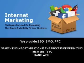 SEARCH ENGINE OPTIMIZATION ISTHE PROCESS OF OPTIMIZING
THE WEBSITETO
RANK WELL
 