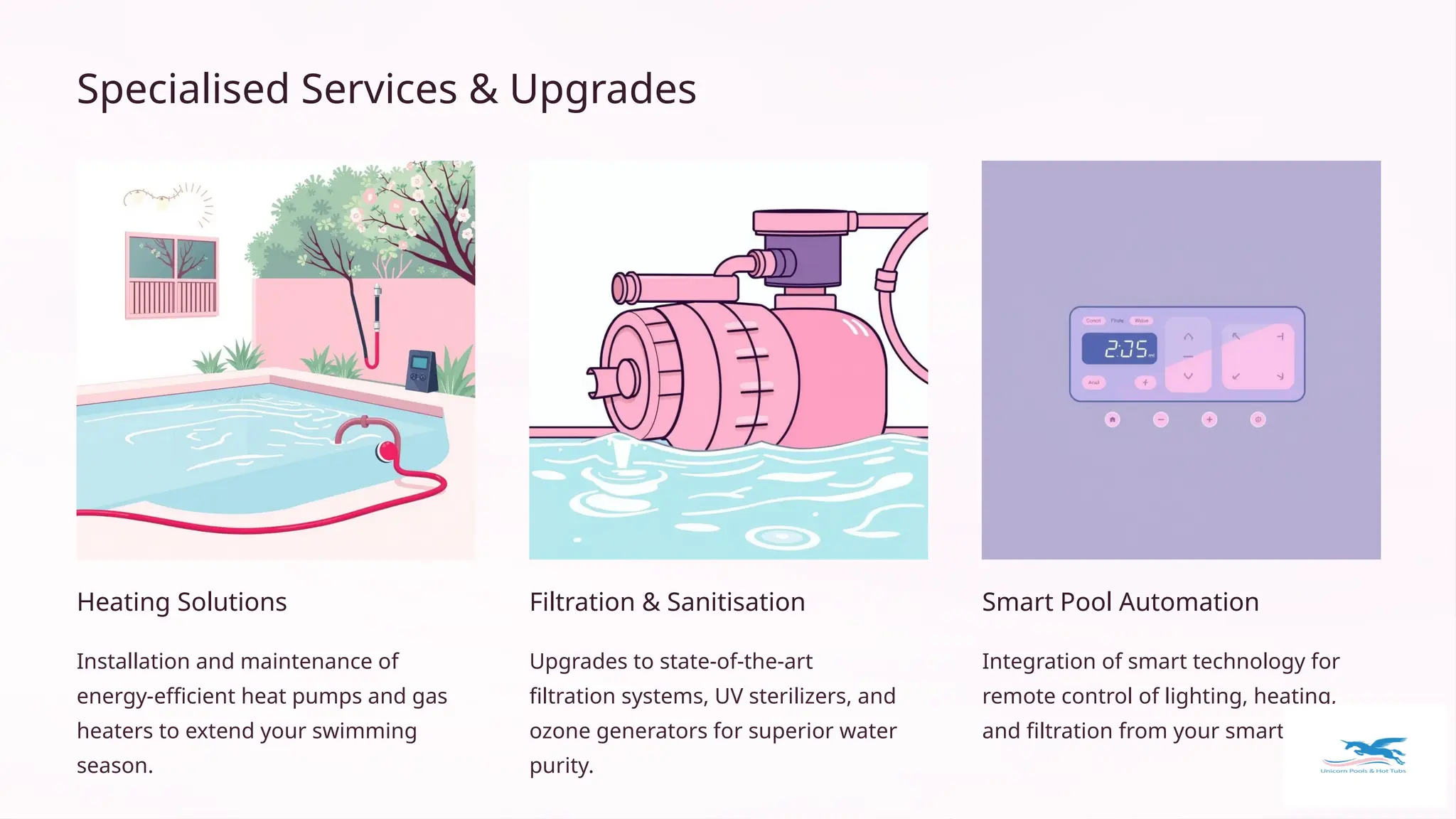 Specialised Services & Upgrades
Heating Solutions
Installation and maintenance of
energy-efficient heat pumps and gas
heaters to extend your swimming
season.
Filtration & Sanitisation
Upgrades to state-of-the-art
filtration systems, UV sterilizers, and
ozone generators for superior water
purity.
Smart Pool Automation
Integration of smart technology for
remote control of lighting, heating,
and filtration from your smartphone.
 