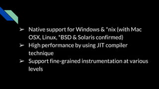 ➢ Native support for Windows & *nix (with Mac
OSX, Linux, *BSD & Solaris confirmed)
➢ High performance by using JIT compiler
technique
➢ Support fine-grained instrumentation at various
levels
 