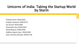 Unicorns of India: Taking the Startup World
by Storm
P Nithya Shree-PGD22065
Pradnya Vaikunth-PGD22073
Sai Sarvani-PGD22086
Shashwath Alva-PGD22096
Shlok Bhakare-PGD22098
Siddhita Rajesh Keny –PGD22099
Utsav Chandra Dhurjee-PGD22108
 