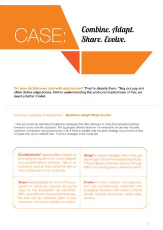 17 
CASE: Combine. Adapt. 
Share. Evolve. 
So, how do Unicorns deal with adjacencies? They’re already there. They occupy and 
often define adjacencies. Before understanding the profound implications of this, we 
need a better model. 
Defining a typology of adjacencies – Combine Adapt Share Evolve 
There are numerous examples of adjacency strategies that offer pathways to move from a reactive posture 
towards a more proactive approach. The typologies offered below are not exhaustive nor are they mutually 
exclusive. Companies may pursue some or all of these in parallel, and any given strategy may be more or less 
complex than we’ve outlined here. The four strategies in the model are: 
Combinatorial opportunities created by 
leveraging ecosystems for more intelligent 
and comprehensive solutions. This is an 
innovative posture that combines two or 
more components in a novel way. 
Share best practices to nourish the eco-system 
in which you operate. By giving 
value to the ecosystem via platforms, 
APIs, and other combinatorial techniques, 
the core can be redefined, open to new 
influences, and much-needed innovation. 
Adapt to macro changes before they get 
big enough to become destabilizing forces. 
This can be pro-active or reactive, through 
M&A or incubating new businesses within. 
Evolve into new markets, new solutions, 
and new competencies. Alignment with 
changing innovation and macro currents 
usually requires access to market adja-cencies. 
 