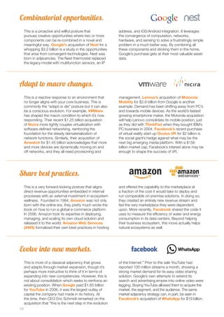 Combinatorial opportunities. 
Adapt to macro changes. 
Share best practices. 
Evolve into new markets. 
18 
This is a proactive and willful posture that 
pursues creative opportunities where two or more 
components can be re-combined in a novel and 
meaningful way. Google’s acquisition of Nest for a 
whopping $3.2 billion is a study in the opportunities 
that arise from convergent technologies. Nest was 
born in adjacencies. The Nest thermostat replaced 
the legacy model with multifunction sensors, an IP 
address, and iOS/Android integration. It leverages 
the convergence of computation, networks, 
hardware, and sensing to solve a frustratingly simple 
problem in a much better way. By combining all 
these components and sticking them in the home, 
Google’s purchase gets at their most valuable asset: 
data. 
This is a reactive response to an environment that 
no longer aligns with your core business. This is 
commonly the “adapt or die” posture but it can also 
be a conscious evolution. For example, VMWare 
has shaped the macro condition to which it’s now 
responding. Their recent $1.25 billion acquisition 
of Nicira more tightly couples virtualization with 
software-defined networking, reinforcing the 
foundation for the steady dematerialization of 
network functions. Similarly, their acquisition of 
Airwatch for $1.45 billion acknowledges that more 
and more devices are dynamically moving on and 
off networks, and they all need provisioning and 
management. Lenovo’s acquisition of Motorola 
Mobility for $2.9 billion from Google is another 
example. Demand has been shifting away from PC’s 
and towards mobile devices. As the world’s fastest 
growing smartphone maker, the Motorola acquisition 
will help Lenovo consolidate its mobile position, just 
as they did with ThinkPad when they bought IBM’s 
PC business in 2004. Facebook’s recent purchase 
of virtual reality start-up Oculus VR for $2 billion is 
the social giant’s hedge against what may be the 
next big emerging media platform. With a $156 
billion market cap, Facebook’s interest alone may be 
enough to shape the success of VR. 
This is a very forward-looking posture that aligns 
direct revenue opportunities embedded in internal 
processes with an external investment in ecosystem 
wellness. Founded in 1994, Amazon was not only 
born with the online era, they pretty much wrote the 
book on how to run a global e-commerce platform. 
In 2006, Amazon took its expertise in deploying, 
managing, and scaling its own cloud solution and 
released it to the world. Amazon Web Services 
(AWS) formalized their own best practices in hosting 
and offered the capability to the marketplace at 
a fraction of the cost it would take to deploy and 
run comparable on-premise solutions. In doing so, 
they created an entirely new revenue stream and 
fed the very marketplace they were dependent 
upon. More recently, Facebook shared the code it 
uses to measure the efficiency of water and energy 
consumption in its data centers. Beyond helping 
their business ecosystem, this move actually helps 
natural ecosystems as well. 
This is more of a classical adjacency that grows 
and adapts through market expansion, though it’s 
perhaps more instructive to think of it in terms of 
expanding into new competencies. However, this is 
not about consolidation which seeks to reinforce an 
existing position. When Google paid $1.65 billion 
for YouTube in 2006, it was the largest outlay of 
capital the company had made in its history. At 
the time, then-CEO Eric Schmidt remarked on the 
acquisition that “this is the next step in the evolution 
of the Internet.” Prior to the sale YouTube had 
reported 100 million streams a month, showing a 
strong market demand for its easy video sharing 
solution. Google’s own attempts to extend its 
search and advertising empire into online video were 
lagging. Buying YouTube allowed them to acquire the 
market, the segment, and the audience. The same 
market adjacency strategy can, in part, be seen in 
Facebook’s acquisition of WhatsApp for $19 billion. 
 