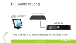 PC Audio routing
Standard Network Switch

Virtual soundcard
ASIO Driver

uniCOS CU

Route audio from a PC application towa...
