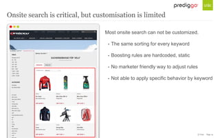© Unic - Page 14
Most onsite search can not be customized.
• The same sorting for every keyword
• Boosting rules are hardcoded, static
• No marketer friendly way to adjust rules
• Not able to apply specific behavior by keyword
Onsite search is critical, but customisation is limited
 