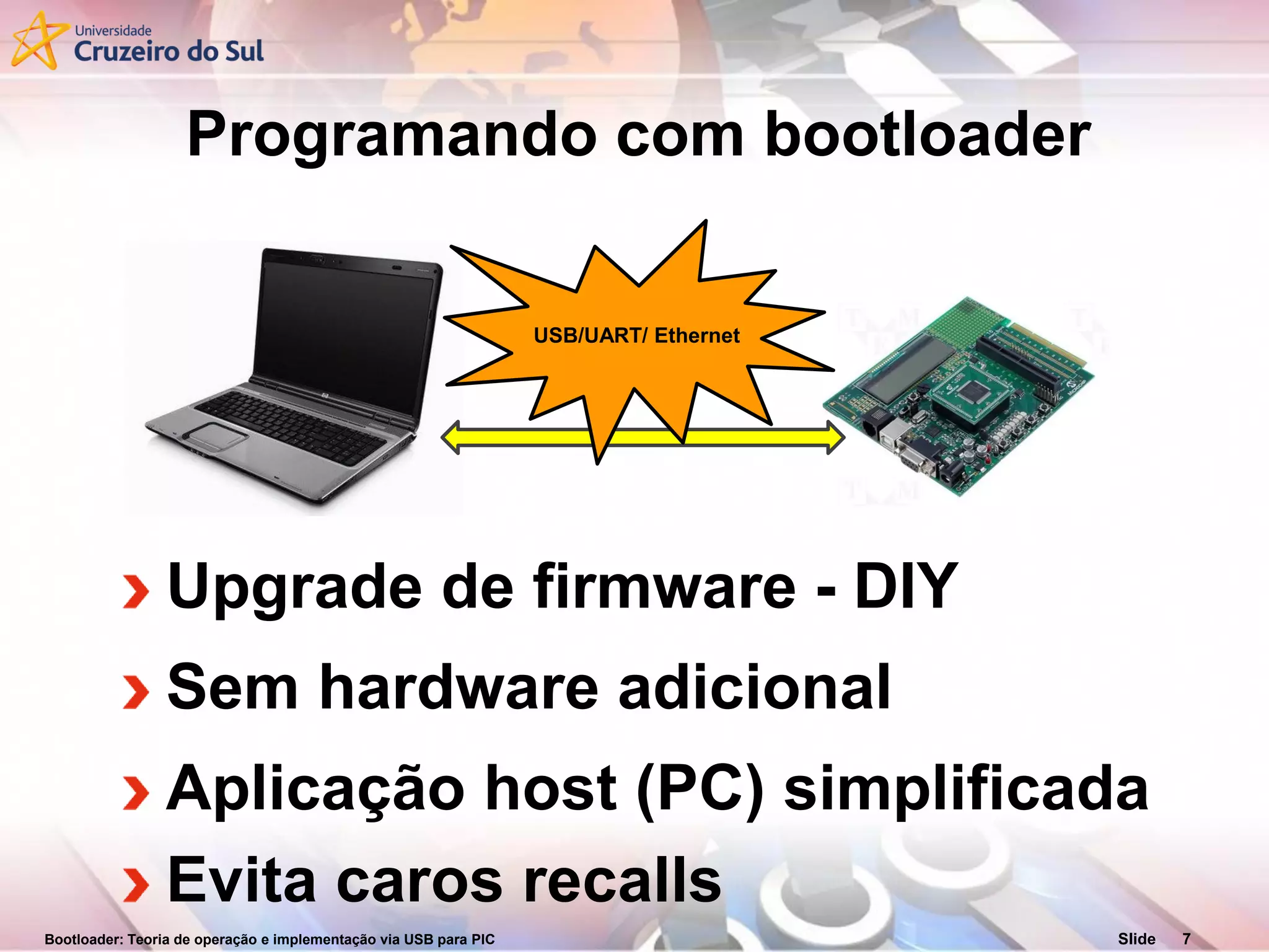 Bootloader: Teoria de operação e implementação via USB para PIC Slide 7
Programando com bootloader
Upgrade de firmware - DIY
Sem hardware adicional
Aplicação host (PC) simplificada
Evita caros recalls
USB/UART/ Ethernet
 