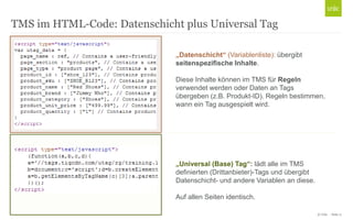 © Unic - Seite 11
TMS im HTML-Code: Datenschicht plus Universal Tag
„Universal (Base) Tag“: lädt alle im TMS
definierten (Drittanbieter)-Tags und übergibt
Datenschicht- und andere Variablen an diese.
Auf allen Seiten identisch.
„Datenschicht“ (Variablenliste): übergibt
seitenspezifische Inhalte.
Diese Inhalte können im TMS für Regeln
verwendet werden oder Daten an Tags
übergeben (z.B. Produkt-ID). Regeln bestimmen,
wann ein Tag ausgespielt wird.
 