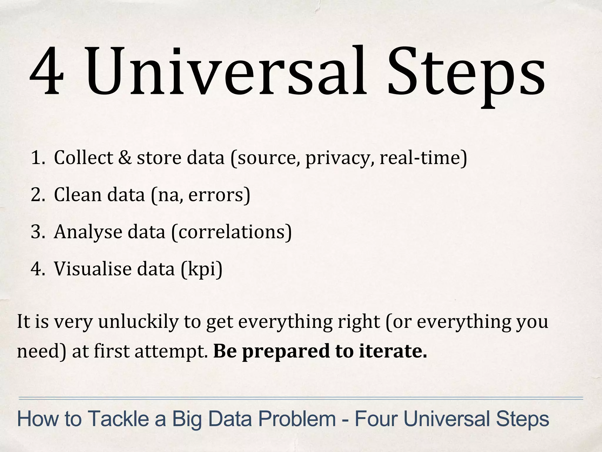 How to Tackle a Big Data Problem - Four Universal Steps
1. Collect & store data (source, privacy, real-time)
2. Clean data (na, errors)
3. Analyse data (correlations)
4. Visualise data (kpi)
It is very unluckily to get everything right (or everything you
need) at first attempt. Be prepared to iterate.
4 Universal Steps
 