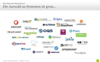 Was bietet der Markt heute?

Die Auswahl an Systemen ist gross…




© Unic AG | WCMS Trends & Tools | 1. Februar 2011 | Seite 5
 