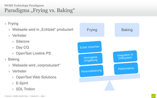 WCMS Technologie Paradigmen

Paradigma „Frying vs. Baking“

› Frying
     › Webseite wird in „Echtzeit“ produziert                 Frying   Baking
     › Vertreter
          › Sitecore
          › Day CQ
          › OpenText Livelink PS
› Baking
     › Webseite wird „vorproduziert“
     › Vertreter
          › OpenText Web Solutions
          › E-Spirit
          › SDL Tridion
© Unic AG | WCMS Trends & Tools | 1. Februar 2011 | Seite 7
 