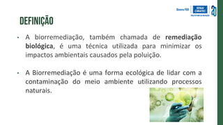 definição
• A biorremediação, também chamada de remediação
biológica, é uma técnica utilizada para minimizar os
impactos ambientais causados pela poluição.
• A Biorremediação é uma forma ecológica de lidar com a
contaminação do meio ambiente utilizando processos
naturais.
 
