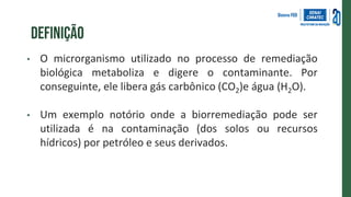 definição
• O microrganismo utilizado no processo de remediação
biológica metaboliza e digere o contaminante. Por
conseguinte, ele libera gás carbônico (CO2)e água (H2O).
• Um exemplo notório onde a biorremediação pode ser
utilizada é na contaminação (dos solos ou recursos
hídricos) por petróleo e seus derivados.
 