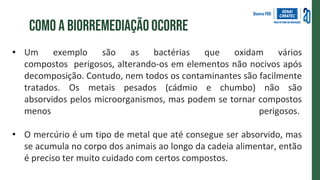 Como a biorremediaçãoocorre
• Um exemplo são as bactérias que oxidam vários
compostos perigosos, alterando-os em elementos não nocivos após
decomposição. Contudo, nem todos os contaminantes são facilmente
tratados. Os metais pesados (cádmio e chumbo) não são
absorvidos pelos microorganismos, mas podem se tornar compostos
menos perigosos.
• O mercúrio é um tipo de metal que até consegue ser absorvido, mas
se acumula no corpo dos animais ao longo da cadeia alimentar, então
é preciso ter muito cuidado com certos compostos.
 