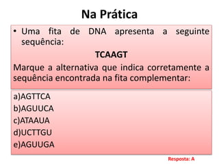 Na Prática
• Uma fita de DNA apresenta a seguinte
sequência:
TCAAGT
Marque a alternativa que indica corretamente a
sequência encontrada na fita complementar:
a)AGTTCA
b)AGUUCA
c)ATAAUA
d)UCTTGU
e)AGUUGA
Resposta: A
 