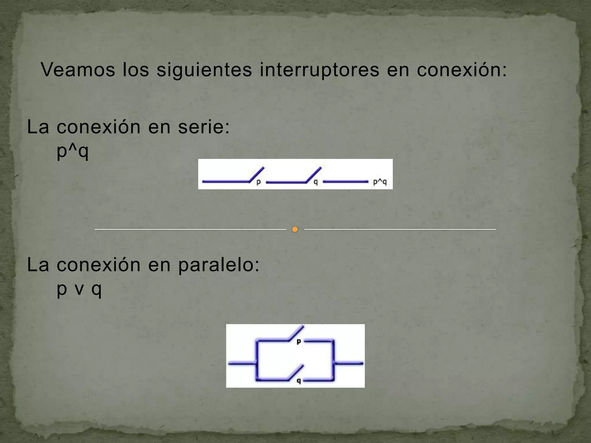 Veamos los siguientes interruptores en conexión:

La conexión en serie:
   p^q




La conexión en paralelo:
   pvq
 