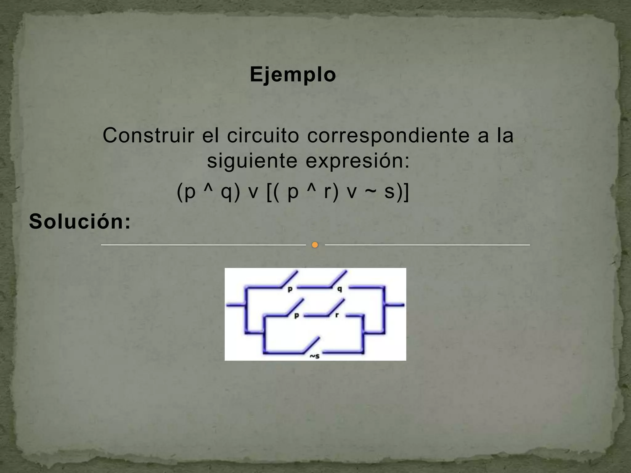 Ejemplo

      Construir el circuito correspondiente a la
                siguiente expresión:
             (p ^ q) v [( p ^ r) v ~ s)]
Solución:
 