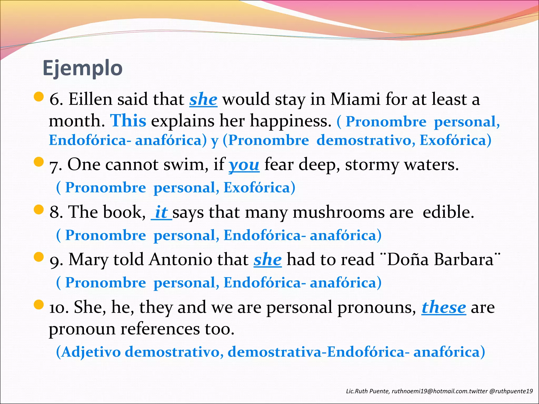 Ejemplo 
6. Eillen said that she would stay in Miami for at least a 
month. This explains her happiness. ( Pronombre personal, 
Endofórica- anafórica) y (Pronombre demostrativo, Exofórica) 
7. One cannot swim, if you fear deep, stormy waters. 
( Pronombre personal, Exofórica) 
8. The book, it says that many mushrooms are edible. 
( Pronombre personal, Endofórica- anafórica) 
9. Mary told Antonio that she had to read ¨Doña Barbara¨ 
( Pronombre personal, Endofórica- anafórica) 
10. She, he, they and we are personal pronouns, these are 
pronoun references too. 
(Adjetivo demostrativo, demostrativa-Endofórica- anafórica) 
Lic.Ruth Puente, ruthnoemi19@hotmail.com.twitter @ruthpuente19 
 