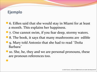 Ejemplo 
6. Eillen said that she would stay in Miami for at least 
a month. This explains her happiness. 
7. One cannot swim, if you fear deep, stormy waters. 
8. The book, it says that many mushrooms are edible 
9. Mary told Antonio that she had to read ¨Doña 
Barbara¨ 
10. She, he, they and we are personal pronouns, these 
are pronoun references too. 
 
Lic.Ruth Puente, ruthnoemi19@hotmail.com.twitter @ruthpuente19 
 