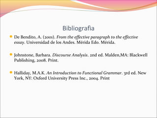 Bibliografìa 
De Bendito, A. (2001). From the effective paragraph to the effective 
essay. Universidad de los Andes. Mérida Edo. Mérida. 
Johnstone, Barbara. Discourse Analysis. 2nd ed. Malden,MA: Blackwell 
Publishing, 2008. Print. 
Halliday, M.A.K. An Introduction to Functional Grammar. 3rd ed. New 
York, NY: Oxford University Press Inc., 2004. Print 
