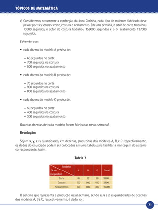 71
TÓPICOS DE MATEMÁTICA
c)	Consideremos novamente a confecção da dona Cotinha, cada tipo de moletom fabricado deve
passar por três setores: corte, costura e acabamento. Em uma semana, o setor de corte trabalhou
13600 segundos, o setor de costura trabalhou 156000 segundos e o de acabamento 127000
segundos.
Sabendo que:
•	 cada dezena do modelo A precisa de:
—	60 segundos no corte
—	700 segundos na costura
—	500 segundos no acabamento
•	 cada dezena do modelo B precisa de:
—	70 segundos no corte
—	900 segundos na costura
—	800 segundos no acabamento
•	 cada dezena do modelo C precisa de:
—	50 segundos no corte
—	400 segundos na costura
—	300 segundos no acabamento
Quantas dezenas de cada modelo foram fabricadas nessa semana?
Resolução:
Sejam x, y, z as quantidades, em dezenas, produzidas dos modelos A, B, e C respectivamente,
os dados do enunciado podem ser colocados em uma tabela para facilitar a montagem do sistema
correspondente. Assim:
Tabela 7
Modelos
Setor
(segundos)
A B C Total
Corte 60 70 50 13600
Costura 700 900 400 15600
Acabamentos 500 800 300 127000
O sistema que representa a produção nessa semana, sendo x, y e z as quantidades de dezenas
dos modelos A, B e C, respectivamente, é dado por:
 