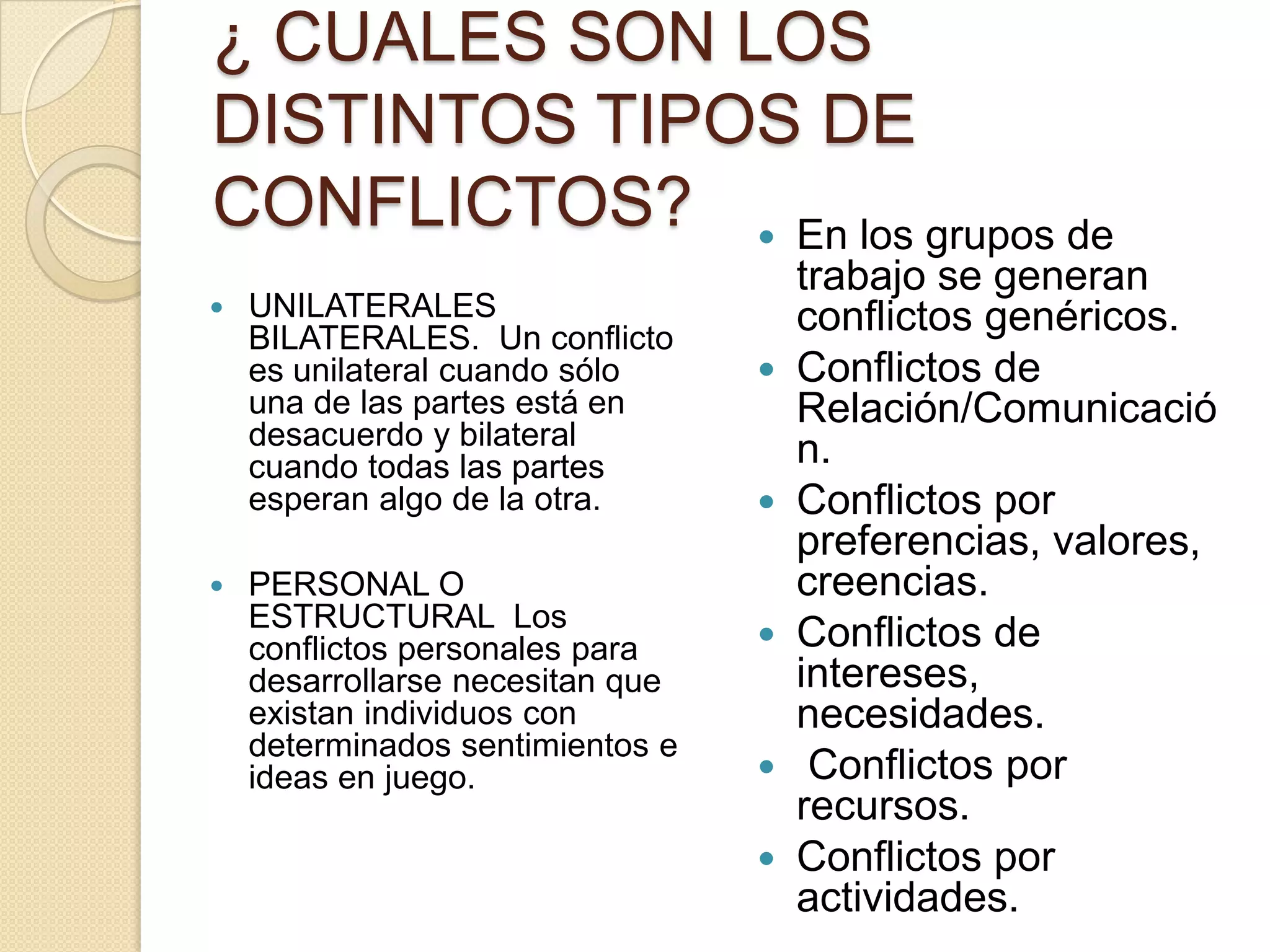 ¿ CUALES SON LOS
DISTINTOS TIPOS DE
CONFLICTOS?
 UNILATERALES
BILATERALES. Un conflicto
es unilateral cuando sólo
una de las partes está en
desacuerdo y bilateral
cuando todas las partes
esperan algo de la otra.
 PERSONAL O
ESTRUCTURAL Los
conflictos personales para
desarrollarse necesitan que
existan individuos con
determinados sentimientos e
ideas en juego.
 En los grupos de
trabajo se generan
conflictos genéricos.
 Conflictos de
Relación/Comunicació
n.
 Conflictos por
preferencias, valores,
creencias.
 Conflictos de
intereses,
necesidades.
 Conflictos por
recursos.
 Conflictos por
actividades.
 