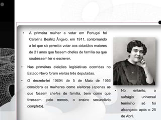 •    A primeira mulher a votar em Portugal foi
         Carolina Beatriz Ângelo, em 1911, contornando
         a lei que só permitia votar aos cidadãos maiores
         de 21 anos que fossem chefes de família ou que
         soubessem ler e escrever.

•       Nas primeiras eleições legislativas ocorridas no
        Estado Novo foram eleitas três deputadas.

•       O decreto-lei 19694 de 5 de Maio de 1956
        considera as mulheres como eleitoras (apenas as
                                                               •   No      entanto,    o
        que fossem chefes de família, bem como que
                                                                   sufrágio     universal
        tivessem,    pelo   menos,   o   ensino   secundário
                                                                   feminino     só    foi
        completo).
                                                                   alcançado após o 25
                                                                   de Abril.
 