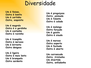 Diversidade  Um é feioso, Outro é bonito Um é certinho  Outro, esquisito Um é magrelo Outro é e gordinho Um é castanho Outro é ruivinho Um é tranqüilo Outro é nervoso Um é birrento Outro dengoso Um é ligeiro Outro é mais lento Um é branquelo Outro sardento Um é preguiçoso Outro ,animado Um é falante Outro é calado Um é molenga Outro forçudo Um é gaiato Outro é sisudo Um é moroso Outro esperto Um é fechado Outro é aberto Um carrancudo Outro ,tristonho Um divertido Outro, enfadonho 