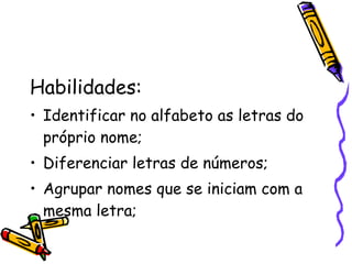 Habilidades: Identificar no alfabeto as letras do próprio nome; Diferenciar letras de números; Agrupar nomes que se iniciam com a mesma letra; 