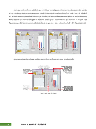 Anexo  •  Módulo 3  •  Unidade 4
48
Assim que você escolher a substância que irá misturar com a água, o recipiente encherá e aparecerá o valor do
pH da solução que você preparou. Veja que a solução do exemplo é água (water) com leite (milk) e o pH da solução é
6,5. Na parte debaixo do recipiente com a solução existem duas possibilidades de análise. Se você clicar no quadradinho
Molecule count, que significa contagem de moléculas (da solução), é exatamente isso que aparecerá na imagem (veja
figura da esquerda). Caso clique no quadrado de baixo, vai aparecer a razão entre os íons H3
O+
e OH-
(figura da direita).
Algumas outras alterações e análises que podem ser feitas com esse simulador são:
 
