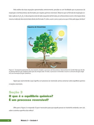 Módulo 3  •  Unidade 4
6
Pela análise das duas equações apresentadas anteriormente, percebe-se com facilidade que os processos da
respiração e da fotossíntese são formados por reações químicas reversíveis. Observe que na fórmula da respiração ce-
lular a glicose (C6
H12
O6
) é decomposta (está do lado esquerdo da fórmula), já na fotossíntese ocorre a formação desta
mesma molécula (ela está do lado direito da fórmula). É ciclíco, assim como o percurso que é feito pela água, lembra?
Figura 2 - O esquema apresenta de uma maneira simples o processo da fotossíntese. Você já deve ter ouvido falar que de dia
as plantas liberam gás oxigênio pela ação da energia solar. À noite, o processo é invertido e ocorre o consumo de gás oxigê-
nio com formação de gás carbônico.
Agora que você entende o que significa um processo ser reversível, vamos conversar sobre equilíbrio químico
e reações reversíveis.
Seção 3
O que é o equilíbrio químico?
É um processo reversível?
Olhe para a Figura 3 e responda: O que é necessário para que aquela pessoa se mantenha andando, sem cair,
sobre a estreita superfície dos trilhos?
 