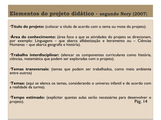Elementos do projeto didático - segundo Nery (2007)
•Título

do projeto: (colocar o título de acordo com o tema ou mote do projeto).

•Área

do conhecimento: (área foco a que as atividades do projeto se direcionam,
por exemplo: Linguagens – que abarca alfabetização e letramento ou – Ciências
Humanas – que abarca geografia e história).
•Trabalho

interdisciplinar: (elencar os componentes curriculares como história,
ciências, matemática que podem ser exploradas com o projeto).
•Temas

transversais: (temas que podem ser trabalhados, como meio ambiente
entre outros)
•Temas:

(aqui se elenca os temas, considerando o universo infantil e de acordo com
a realidade da turma).
•Tempo

projeto).

estimado: (explicitar quantas aulas serão necessárias para desenvolver o

Pág. 14

 