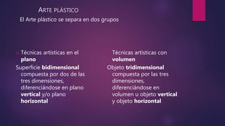 El Arte plástico se separa en dos grupos
 Técnicas artísticas con
volumen
Objeto tridimensional
compuesta por las tres
dimensiones,
diferenciándose en
volumen u objeto vertical
y objeto horizontal
 Técnicas artísticas en el
plano
Superficie bidimensional
compuesta por dos de las
tres dimensiones,
diferenciándose en plano
vertical y/o plano
horizontal
ARTE PLÁSTICO
 