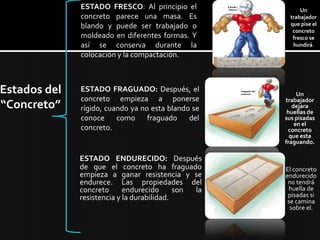 Durabilidad :La durabilidad del concreto se incrementa con la resistencia, para alcanzar la máxima resistencia y obtener por ende la mayor durabilidad del concreto es necesario  hacer el concreto con las normas y dosificaciones indicadas y sobre todo un mantenimiento adecuado para su larga duración.ESTADO FRESCO: Al principio el concreto parece una masa. Es blando y puede ser trabajado o moldeado en diferentes formas. Y así se conserva durante la colocación y la compactación. Un trabajador que pise el concreto fresco se hundirá.Estados del “Concreto”ESTADO FRAGUADO: Después, el concreto empieza a ponerse rígido, cuando ya no esta blando se conoce como fraguado del concreto.Un trabajador dejara huellas de sus pisadas en el concreto que esta fraguando.ESTADO ENDURECIDO: Después de que el concreto ha fraguado empieza a ganar resistencia y se endurece. Las propiedades del concreto endurecido son la resistencia y la durabilidad.El concreto endurecido no tendrá huella de pisadas si se camina sobre el.