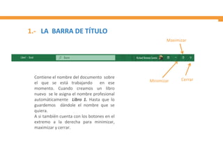 1.- LA BARRA DE TÍTULO
Contiene el nombre del documento sobre
el que se está trabajando en ese
momento. Cuando creamos un libro
nuevo se le asigna el nombre profesional
automáticamente Libro 1. Hasta que lo
guardemos dándole el nombre que se
quiera.
A si también cuenta con los botones en el
extremo a la derecha para minimizar,
maximizar y cerrar.
Minimizar Cerrar
Maximizar
 