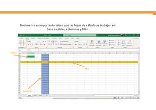 Finalmente es importante saber que las hojas de cálculo se trabajan en
base a celdas, columnas y filas.
Celda
Columna
Fila
 