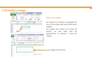 ¿Qué es un rango?
Un rango es un bloque rectangular de
una o mas celdas que Excel trata como
unidad.
Los rangos son vitales en la hoja de
cálculo, ya que todo tipo de
operaciones se realizan a base de
rangos.
Celda
Rango. (B:2, E:2 –B:5, E:5)
| Fórmulas y rango
 
