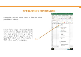 OPERACIONES CON RANGOS
Para mover, copiar o borrar celdas es necesario activar
previamente el rango.
Para mover el rango selecciona la opción
cortar del menú edición, te sitúas en la
celda que quieras ponerlo y le das la
opción pegar. O bien puedes teclear la
tecla “Ctrl” más la tecla “x” para cortar y
“Ctrl” más la tecla “v” para pegar.
Cortar
 