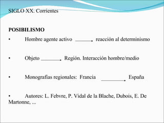 SIGLO XX. Corrientes POSIBILISMO Hombre agente activo   reacción al determinismo Objeto   Región. Interacción hombre/medio Monografías regionales:  Francia   España Autores: L. Febvre, P. Vidal de la Blache, Dubois, E. De Martonne, ... 