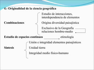 4.- Originalidad de la ciencia geográfica Estudio de interacciones,  interdependencia de elementos Combinaciones Origina diversidad paisajística Exclusivo de la Geografía  relaciones hombre-medio Estudio de espacios continuos etimología   Unión e integridad elementos paisajísticos Síntesis   Unidad tierra   Integridad medio físico-humano 