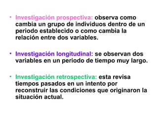 Investigación prospectiva:  observa como cambia un grupo de individuos dentro de un periodo establecido o como cambia la relación entre dos variables. Investigación longitudinal:  se observan dos variables en un periodo de tiempo muy largo. Investigación retrospectiva:  esta revisa tiempos pasados en un intento por reconstruir las condiciones que originaron la situación actual. 