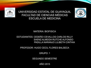 UNIVERSIDAD ESTATAL DE GUAYAQUIL
FACULTAD DE CIENCIAS MÉDICAS
ESCUELA DE MEDICINA
MATERIA: BIOFISICA
ESTUDIANTES: CEDEÑO CEVALLOS CARLOS RILLY
SAENZ ALMEIDA RUTCHE ALFONSO
PADILLA NARANJO LILIBETH CINTHIA
PROFESOR: HUGO CECIL FLORES BALSECA
GRUPO: 1
SEGUNDO SEMESTRE
AÑO 2015
 