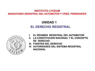 ©COPYRIGHT 2013-Todo derecho reservado Departamento Comunicaciones INSTITUTO LYCEUM
Montevideo 32 (CABA) Bs. As .Argentina (52-11) 5-3535377 y rot.
INSTITUTO LYCEUM
MANDATARIO REGISTRAL DEL AUTOMOTOR Y CRED. PRENDARIOS
EL DERECHO REGISTRAL
UNIDAD 1
I. EL RÉGIMEN REGISTRAL DEL AUTOMOTOR
II. LA CONSTITUCION NACIONAL Y EL CONCEPTO
DE DERECHO
III. FUENTES DEL DERECHO
IV. AUTORIDADES DEL SISTEMA REGISTRAL
NACIONAL
 