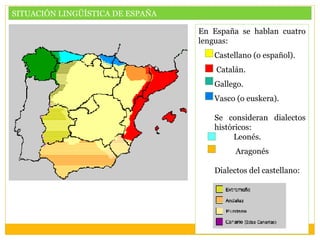 SITUACIÓN LINGÜÍSTICA DE ESPAÑA

                                  En España se hablan cuatro
                                  lenguas:
                                     Castellano (o español).
                                      Catalán.
                                     Gallego.
                                     Vasco (o euskera).

                                     Se consideran dialectos
                                     históricos:
                                           Leonés.
                                           Aragonés

                                     Dialectos del castellano:
 