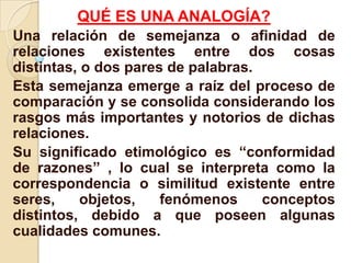 QUÉ ES UNA ANALOGÍA?
Una relación de semejanza o afinidad de
relaciones existentes entre dos cosas
distintas, o dos pares de palabras.
Esta semejanza emerge a raíz del proceso de
comparación y se consolida considerando los
rasgos más importantes y notorios de dichas
relaciones.
Su significado etimológico es “conformidad
de razones” , lo cual se interpreta como la
correspondencia o similitud existente entre
seres, objetos, fenómenos conceptos
distintos, debido a que poseen algunas
cualidades comunes.
 